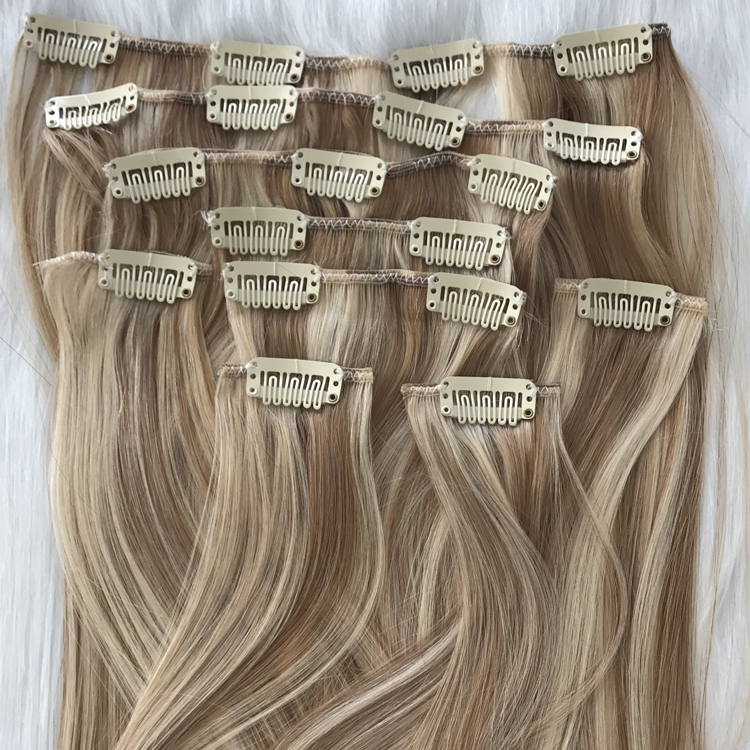 Seamless double drawn clip on hair extension manufacturers balayage mixed ash blonde color YJ300